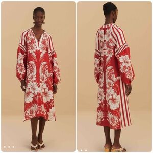 NWT Farm Rio Floral Chains Stripe Long Sleeve Linen Midi Dress